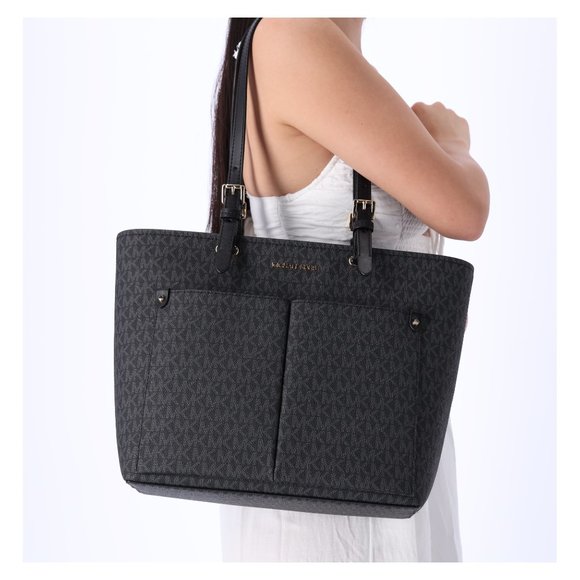 Michael Kors Jet Set Travel Medium Double Pocket Tote Vegan Leather Black MK - Picture 1 of 8